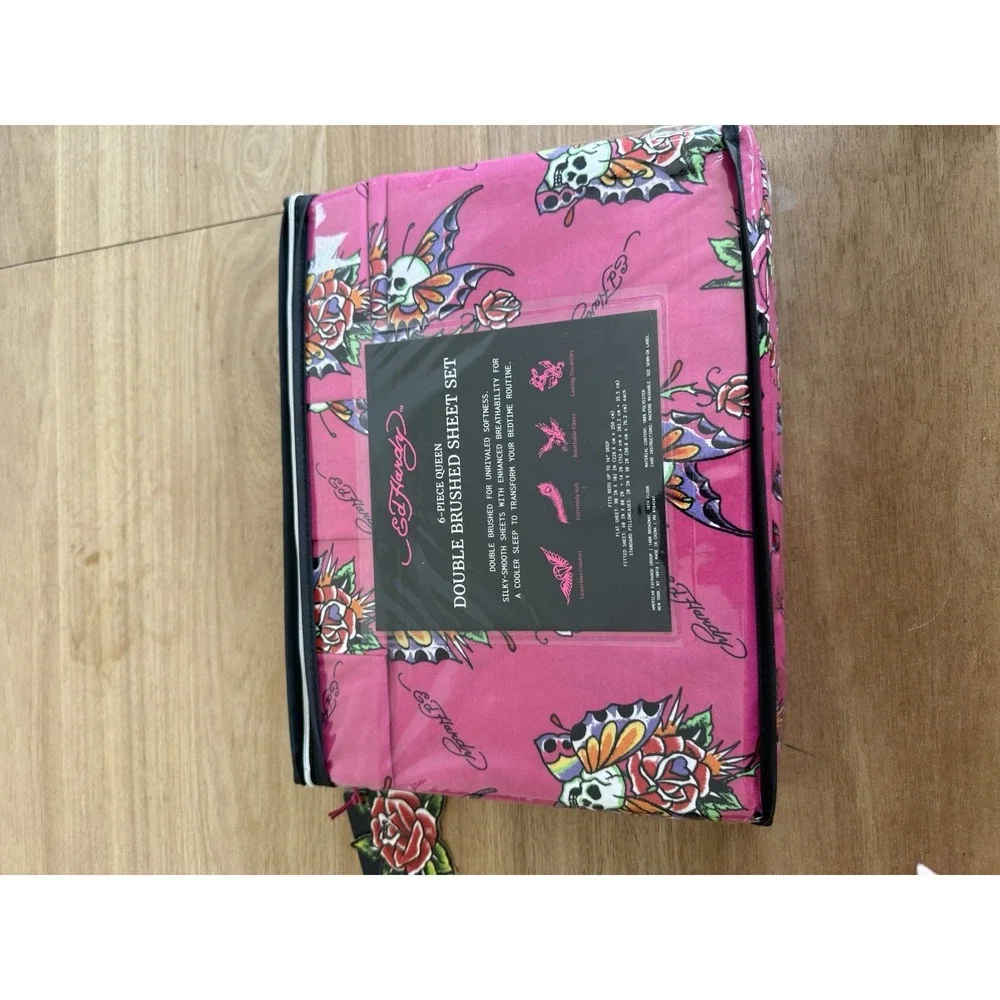 Ed Hardy Queen 6 Piece Double Brushed Sheet Set Pink Skull Butterfly Roses NWT